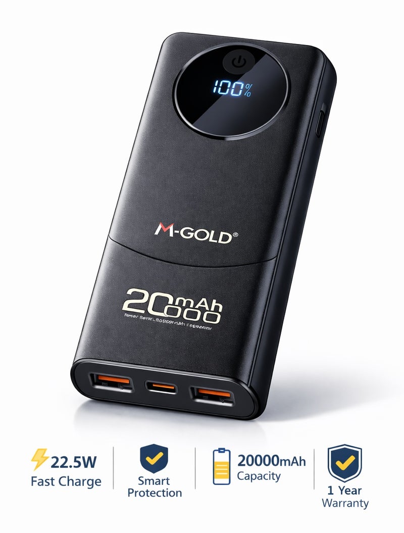 أم- جولد باور بانك M-GOLD 20000mAh شحن سريع 22.5W – شاشة LED – 2×USB + USB-C – ضمان سنة - Image 1